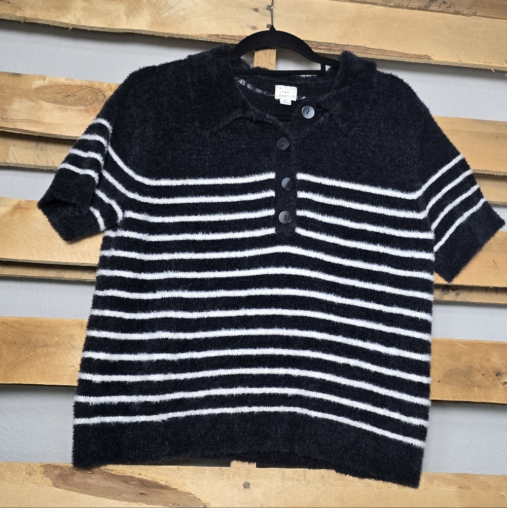 A New Day Black Fuzzy Knit Short-Sleeve Polo Size:M